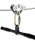 Torpedo Zip Line Trolley with 14 inch handlebar, stainless steel, dual ball bearing wheels, oval carabiner, for backyard adventures.