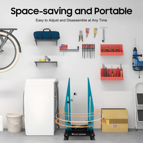 Home garage with Portable Wheel Truing Stand For Bicycle And Bike Wheels With Spoke Wrench Precise Rim Alignment setup