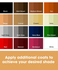 Color swatches showing Black, Dark Brown, Medium Brown, Tan, Beige, Camel, Cream, Ivory, Light Grey, Dark Grey, Navy Blue, Pine Green, Red, Maroon, Bordeaux, and White. Apply additional coats for desired shade.