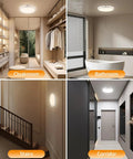 Installation view of Rechargeable Motion Sensor Ceiling Light With Remote USB C Battery Powered LED 3000K 4000K 6500K Adjustable Color in various rooms.