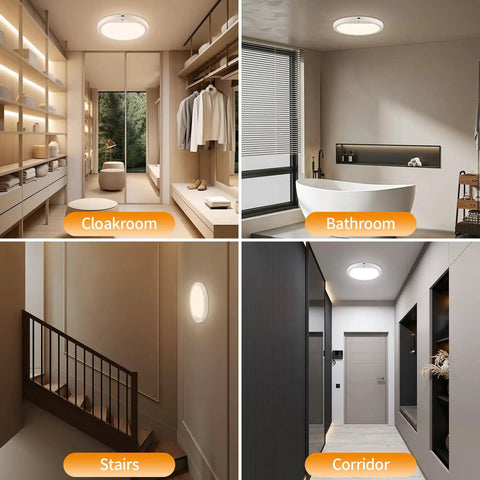 Installation view of Rechargeable Motion Sensor Ceiling Light With Remote USB C Battery Powered LED 3000K 4000K 6500K Adjustable Color in various rooms.