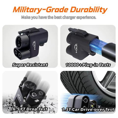 Upgraded NACS to CCS Adapter With 500A 1000V Fast Charge For Tesla Supercharging Your CCS Electric Vehicle Lock It Down For Ford Mustang Mach-E F-150 Lightning Rivian R1T R1S GM EVs Hella Solid Build, showcasing military-grade durability.