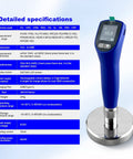 Portable Ultrasonic Hardness Tester With Dual Probes For Measuring HL HV HB HS HRA HRB HRC, blue handheld metal gauge on test stand