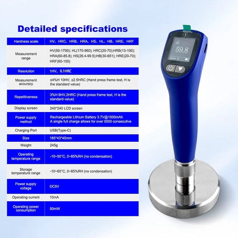 Portable Ultrasonic Hardness Tester With Dual Probes For Measuring HL HV HB HS HRA HRB HRC, blue handheld metal gauge on test stand
