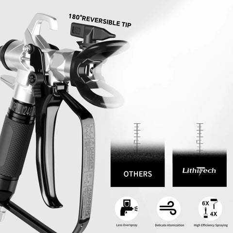 Powerhouse 750W Airless Paint Sprayer Kit detail showing 180° reversible tip for precision spraying and less overspray.