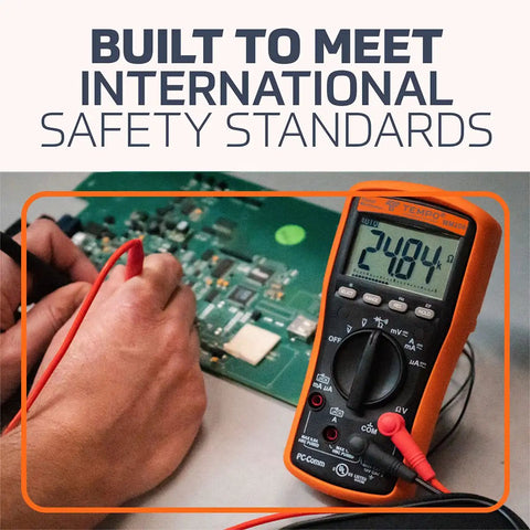 MM200 Digital Multimeter Auto Ranging 6000 Count Meter measuring circuit board voltage with red probes visible on display