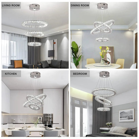 Three Ring Crystal Chandelier With Adjustable Stainless Steel Led Ceiling Fixture, K9 Crystals, 6000K Cool White Light For Living Room, Dining Room, Kitchen, Bedroom, Foyer, Modern, Built To Last, Bright