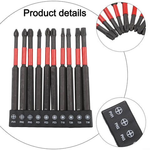 Rock Solid Long 100mm Screwdriver Bits Set For Impact Driver With Quarter Inch Hex Shank Power Drill Bit Kit Featuring Star Cross And Head Assortment PH2 PH3 PZ2 Tough Metal Construction That Works Great, 10-piece bit holder set