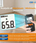 Digital Moisture Meter With Pin Probes For Water Leaks And Wood Floors And Walls, Four Wood Types And Four Material Modes, Auto Calibration At Startup, Hold Function, And Max Min Readings For Quick No Fuss Moisture Checks, handheld max-min display on wood floor