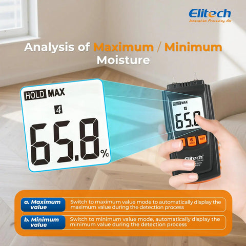 Digital Moisture Meter With Pin Probes For Water Leaks And Wood Floors And Walls, Four Wood Types And Four Material Modes, Auto Calibration At Startup, Hold Function, And Max Min Readings For Quick No Fuss Moisture Checks, handheld max-min display on wood floor