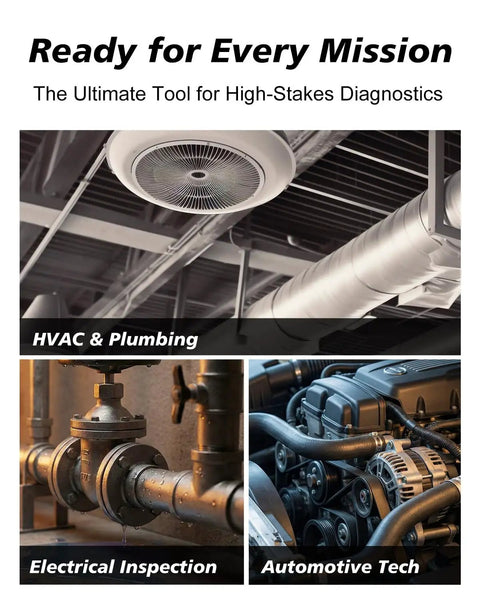 Collage showing HVAC system, plumbing, electrical inspection, and automotive engine for diagnostics