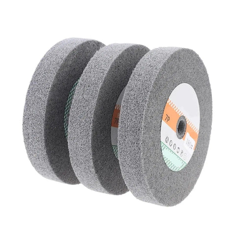 Premium Stainless Steel Buffing Wheel 180 Grit For Hardware Wood And Circuit Boards Fits Standard Bench Grinder Rotary Tools Durable Polishing Pad Disc, three gray buffing pads stacked.