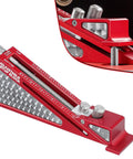 Knockout Adjustable Setup Block For The Weekend Warrior Dial In Router Bits And Saw Blades With Dead On Accuracy And Quick Grip Ergonomic Handles in red metal with detailed measurement scale.