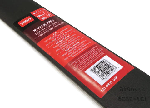 Close-up of packaging for TimeCutter 42 Inch Blade Kit Replacement Set Of Two Pro Grade Blades for 2007 to 2018 Riding Mower.