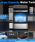 Portable countertop nugget ice maker with 0.4+0.8 gallon water tank and pull-out ice bin for hassle-free self cleaning.