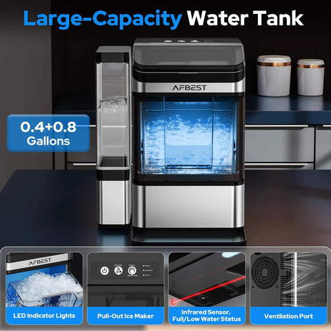 Portable countertop nugget ice maker with 0.4+0.8 gallon water tank and pull-out ice bin for hassle-free self cleaning.