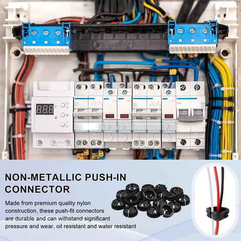 200 Pack Non Metallic Push In Cable Connectors Three Eighths Inch Trade Size Plastic Electrical Box Wire Inserts Button Push In NM Cable Connector For One Half Inch Knockouts Black in an electrical box setup