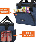 Soft Sided Insulated Cooler Bag For Work And Adventure Collapsible Portable Lunch Cooler That Keeps Food And Drinks Cold Beach Ready And Everyday Use, Leakproof Waterproof Design Large Capacity Fits 18 Cans With Shoulder Strap Heather Navy showing front and side pockets with snacks and cans