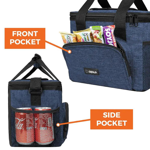 Soft Sided Insulated Cooler Bag For Work And Adventure Collapsible Portable Lunch Cooler That Keeps Food And Drinks Cold Beach Ready And Everyday Use, Leakproof Waterproof Design Large Capacity Fits 18 Cans With Shoulder Strap Heather Navy showing front and side pockets with snacks and cans