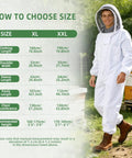Beekeeping Starter Kit For Beginners With XXL Full Body Protective Suit size chart and man in suit near beehive