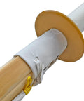 Close-up of Two 47 Inch Kendo Shinai Set For Decor And Cosplay, showing bamboo blade with leather handle and plastic tsuba, Size 39.