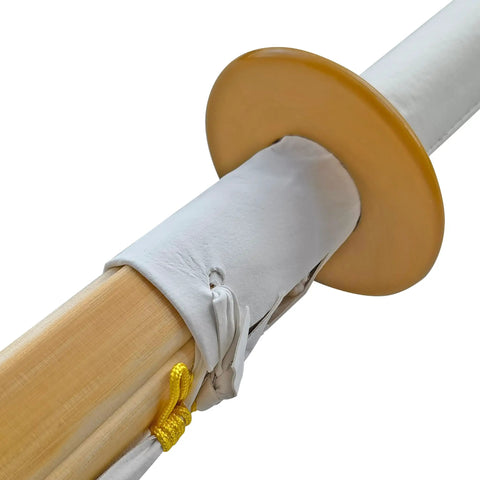 Close-up of Two 47 Inch Kendo Shinai Set For Decor And Cosplay, showing bamboo blade with leather handle and plastic tsuba, Size 39.
