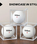 Clear Golf Ball Cube Display Case Six Pack For 360 Degree View, Dust Proof Acrylic Ball Holders with golf balls inside.