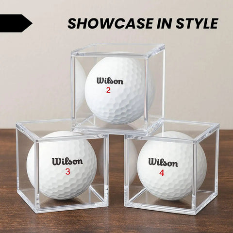 Clear Golf Ball Cube Display Case Six Pack For 360 Degree View, Dust Proof Acrylic Ball Holders with golf balls inside.