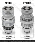 Two Summit Hydraulics female hydraulic quick coupler cartridges; front view, knurled, FF112/FFH12, 46mm/48mm.