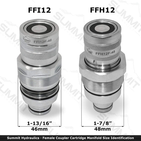 Two Summit Hydraulics female hydraulic quick coupler cartridges; front view, knurled, FF112/FFH12, 46mm/48mm.