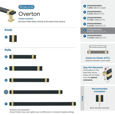 Overton Two Tone Cabinet Pull in Brushed Matte Black and Brushed Gold, 8-13/16 Inch Center to Center, product specifications and sizes.