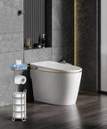 Freestanding Toilet Paper Holder With Storage Shelf Metal Tissue Roll Dispenser 4 Raised Feet Keeps Rolls Clean And Dry in modern bathroom