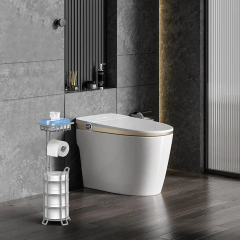 Freestanding Toilet Paper Holder With Storage Shelf Metal Tissue Roll Dispenser 4 Raised Feet Keeps Rolls Clean And Dry in modern bathroom