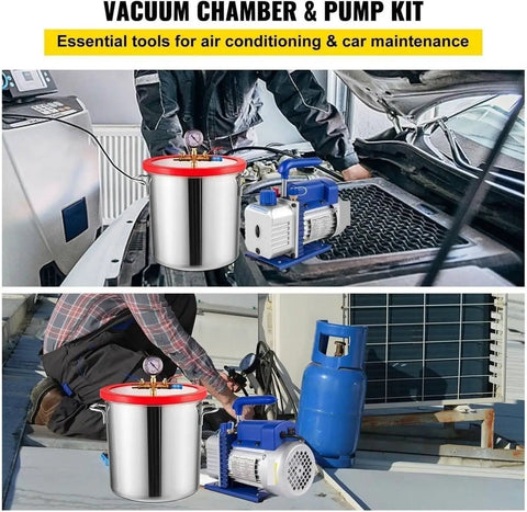 Professional 1.5 Gallon Vacuum Degassing Chamber With Heavy Duty Copper Pump For Bubble Free Resin Casting And Silicone Molding Solid Aluminum Tank used with pump kit in automotive maintenance.