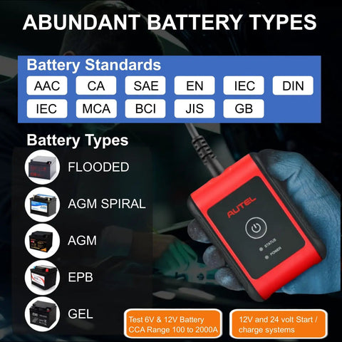 BT506 Car Battery Tester With Adaptive Conductance For 6V And 12V Batteries, Reads 100-2000CCA And Tests Flooded, AGM, AGM Spiral, EFB And GEL Packs, Plug-And-Play Go-To Tool For CCA, CA, SAE, EN, IEC, DIN Standards, Fast Accurate Diagnostics on handheld tester with battery standards and types