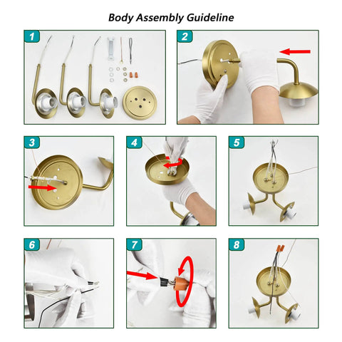 Step-by-step assembly of Three Light Aged Brass Semi Flush Mount Ceiling Light Fixture With White Globe Glass, instructions shown