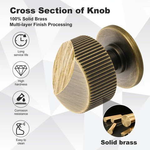 Cross-section view of Antique Brass Cabinet Knob Set 5 Pack Solid Brass Dresser Drawer Knobs One And One Tenth Inch Rustic Furniture Pulls