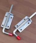 Spring Pin Latch Lock 2pcs for Utility Trailer Gate, Silver, showcasing spring-loaded design with red tips on each latch.