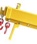 Heavy Duty 4400Lb Forklift Jib Boom Crane With Dual Hooks showing yellow arm with red hooks and adjustable mount for lifting.
