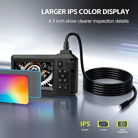 Borescope Endoscope With 4.3 Inch Color Screen And 1080P HD Camera, 8 LED Lights, 16.5 Foot SemiRigid Cord, IP67 Waterproof Sewer Inspection Tool For Home And Pros, Ideal For Pipes, Cars And HVAC. 4.3-inch IPS screen and probe shown