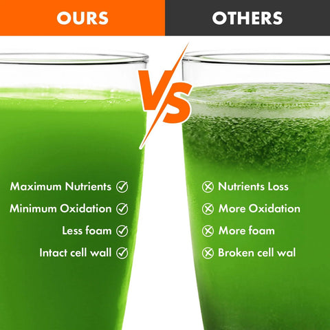 Masticating juicer attachment banner; OURS left with green juice and checks, OTHERS right with green juice and Xs.