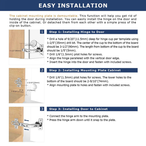 Installation steps for 135 Degree Cabinet Corner Hinge Set for Folded Doors showing drill measurements and hinge alignment.