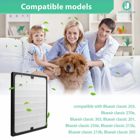 Two Pack Replacement HEPA Filters For 200 And 300 Series Air Purifiers with smiling family and pet on couch