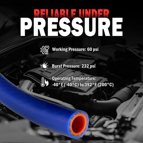 Thickened Silicone Heater Hose Kit With Five Clamps For Engine Coolant and Radiator Vacuum Lines in front of car engine bay.