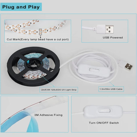 Plug and play setup of 6.6ft Black Light LED Strip With 120 LEDs USB Powered 5V 1.5m Cable Flexible Non Waterproof UV Light Kit For Indoor Decor TV Backlighting Parties And Halloween Glow Vibes.
