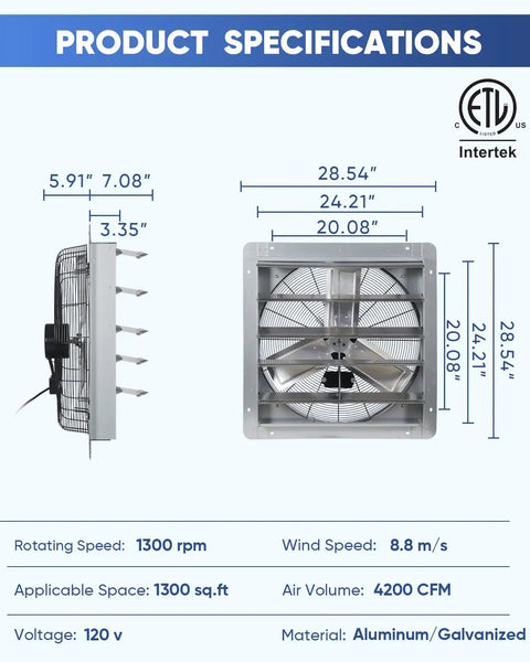 Heavy Duty 24 Inch Shutter Exhaust Fan With Speed Controller 4200 CFM High Speed Wall Mounted Vent Fan for Garage Attic