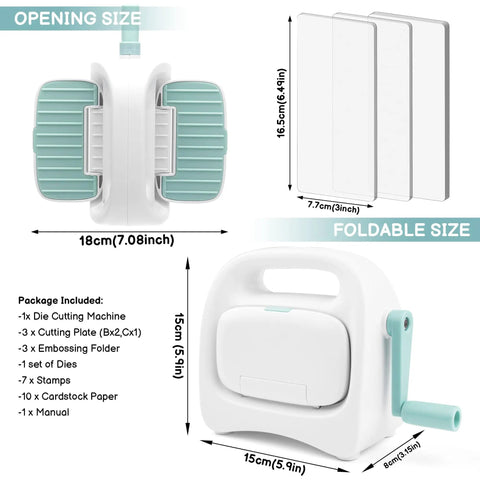 Portable Mini Die Cutting Machine With 3 Inch Opening, Foldable Manual Embossing Kit showing dimensions and included items