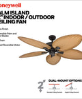 Palm Island 52 Inch Tropical Indoor Outdoor Ceiling Fan With No Light Pull Chain Two Mounting Options Five Palm Leaf Blades Damp Rated