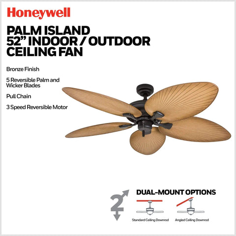Palm Island 52 Inch Tropical Indoor Outdoor Ceiling Fan With No Light Pull Chain Two Mounting Options Five Palm Leaf Blades Damp Rated