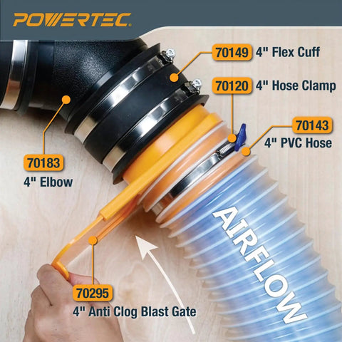 Pawertc 4 In Dust Collection Fittings Kit With Connectors Patented Blast Gates And Stainless Steel Hose Clamps For 3 Machine Setup Woodworking Extraction System Easy To Use, featuring 4" elbow, flex cuff, hose clamp and anti clog blast gate.
